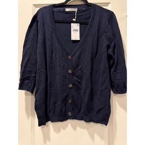 Violeta by Mango Navy Blue Pointelle Knit Cardigan V-Neck 3/4 Sleeve XL 212TOLAC
